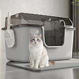 Oneluck Large Cat Litter Box with Transparent Covered,Mat and Scoop, Convenient for Observing Cats, Front Door Flap for Privacy, Gray (23.5
