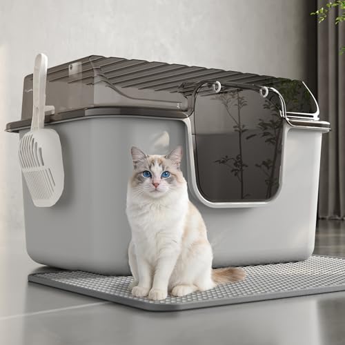 Oneluck Large Cat Litter Box with Transparent Covered,Mat and Scoop, Convenient for Observing Cats, Front Door Flap for Privacy, Gray (23.5
