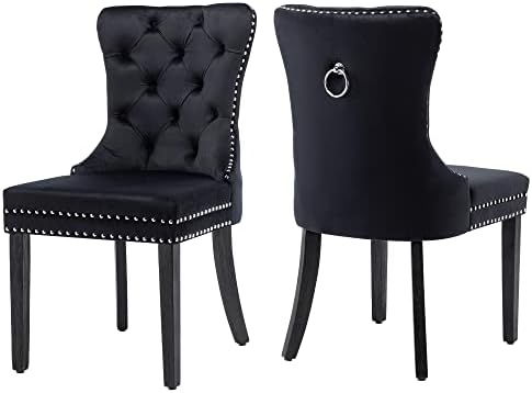 GOOLON Velvet Dining Chair Set of 2 Wingback Tufted Chairs for Dining Room Upholstered Dining Chairs with Nailhead Rivet Trim Design Pull Ring on Backrest Wood Legs for Kitchen Dining Room Black