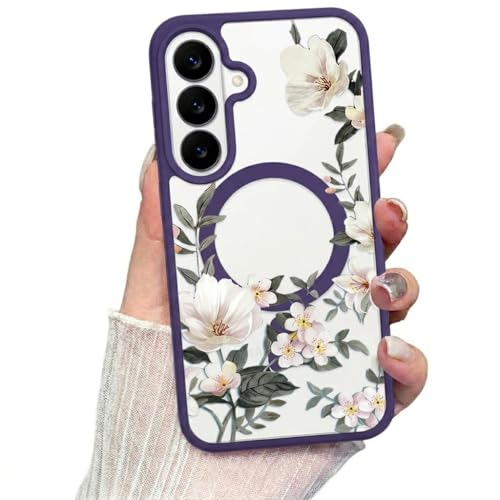 Image of VONZEE Compatible with Samsung Galaxy S26 5G Case Luxury Retro Flowers Floral Clear for Magnetic Wireless Charging Case Shockproof PC+TPU Cute Glossy Shiny Cover for Girls Women, Deep Purple
