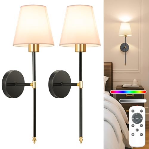 Image of NIORSUN 19.9 inch Battery Operated Wall Sconce Set of 2,Gold-Black Rechargeable Wall Lights with 10400mAh Dimmable Detachable Bulbs and Remote, Wireless Sconces for Bedroom Living Room Hallway