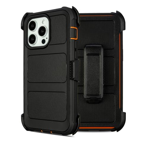 for Defender Phone Case iPhone 13 Pro Case with Clip Holster Heavy Duty Rugged Full-Body Protective 3 Layers of Sturdy Military-Grade Shockproof Cover for iPhone Pro 13 Cases Defender(Black & Orange)