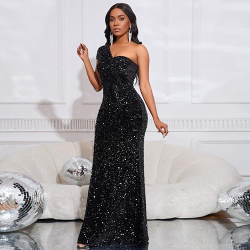 Cololura Women Sexy Sequin One Shoulder Mermaid Formal Party Cocktail Gowns Bodycon Evening Maxi Dress3