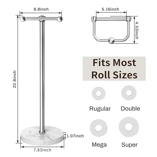 Image of RARXTR Toilet Paper Holder Stand, Bathroom Free Standing Toilet Paper Stand with Modern Marble Base, Post Pivoting Toilet Paper Stand with Stainless Steel Tissue Rack, Rust-Proof & Heavy Base(Chrome)