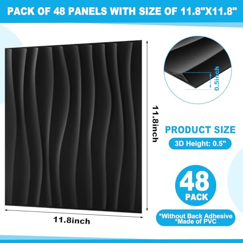 Panneau mural 3D à décoller et coller en PVC noir pour déco intérieure ondulée - 3