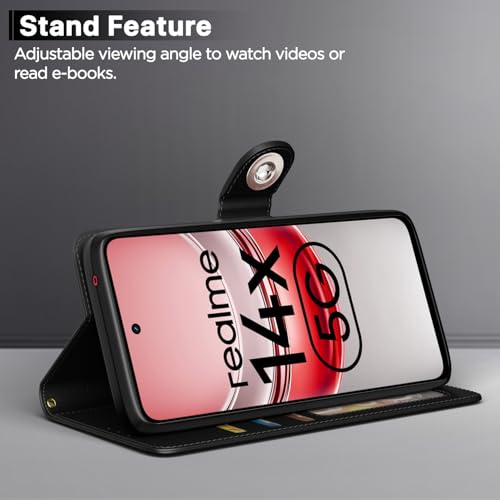 Image of Pikkme Flip Cover Leather Finish | Inside TPU with Card Pockets | Wallet Stand and Shock Proof | Complete Protection Button Flip Case for Realme Narzo 80x 5G / Realme P3x 5G / Realme 14X 5G (Black)