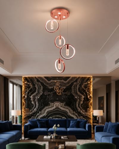 Image of swanart Rose Gold Crystal Pendant Light, 4 Crystal Hanging Light with 3 Color LED, Modern Chandelier for Living Room, Decorative Ceiling Light for Bedroom & Dining Room
