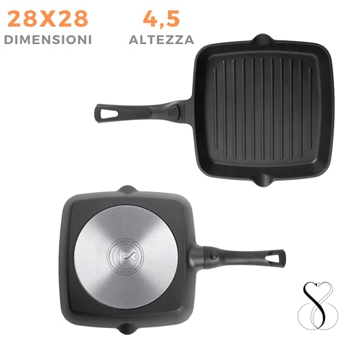 Stone&Stone Griglia Bistecchiera Antiaderente Quadrata 28x28CM|Manico rimovibile Piastra PROFESSIONALE in Pietra Fondo induzione in acciaio qualità TEDESCA Greblon C3+ grill per forno |1 Pinza (28CM) - immagine 5