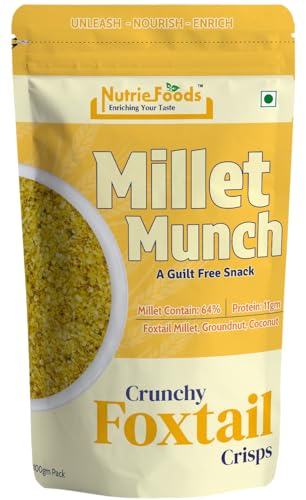 Image of Nutriefoods Millet Munch Snack, 100% Roasted Millets & Guilt Free Snack, Nutritious Munch, Bajra, Jawar, Ragi, Qquinoa, Foxtail Snack (Crunchy Foxtail Crisps (Pack of 2) 200gm)