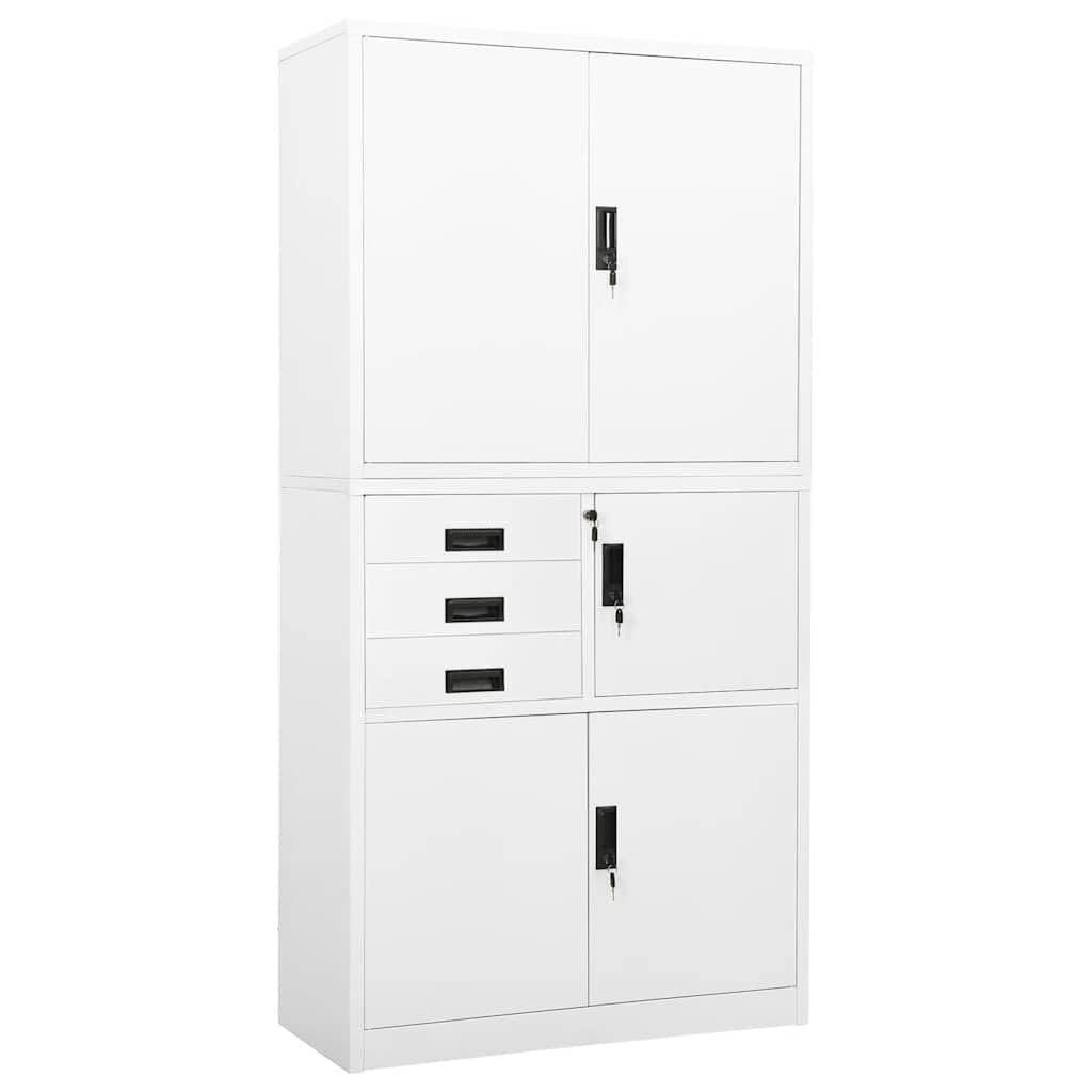 Armario de oficina blanco 90 x 40 x 180 cm de acero con 3 estantes ajustables, armario con cerradura, 3 cajones, diseño robusto para oficina, sótano, garaje, con soporte de pared