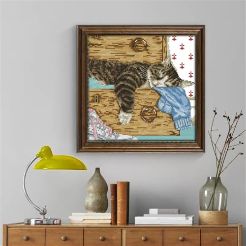 Image of JOYSEWING Sleeping Cat Stamped Cross Stitch Kits,Animals Counted Cross-Stitch Needlepoint Kits for Beginners,Embroidery Kit Arts and Crafts Home Decor (Lovely Lazy cat(11CT) 14.96 x15.35 inch)