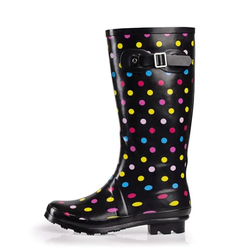 NORTY Waterproof Rain Boots for Women Size 6, Tall & High Calf Rain Shoes, Slip-Resistant, Comfortable Rainboots, Stylish Outdoor & Garden Boots, Glossy Black & Multi Color Dot, 13.25” Shaft
