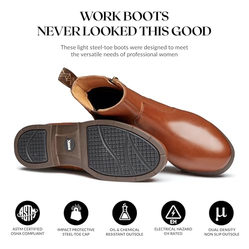 XENA Omega Women’s Safety Steel Toe Work Boots, Stylish Leather, Lightweight, Breathable, Comfortable, Slip Resistant, Side Zipper, ASTM F2413-18 Certified, OSHA Compliant, EH Rated3