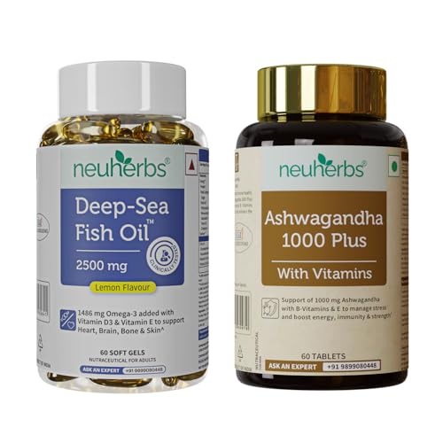 Image of Neuherbs Deep Sea Omega 3 Fish Oil 2500 Mg Capsules & Ashwagandha 1000 Mg Combo for Men & Women- 60 units Each |892 Mg EPA and 594 Mg DHA |Supports Lean Muscle, Strength & Immune Health., 260 grams