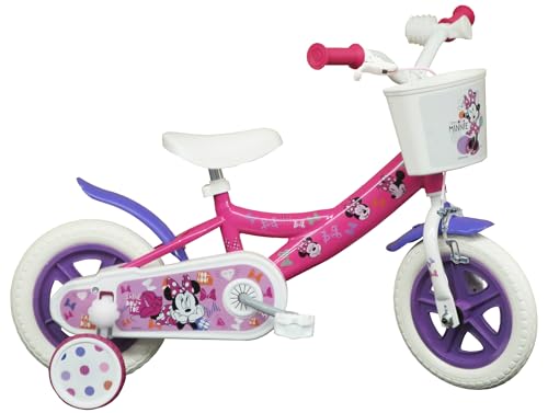 Vélo 10'' Enfant Fille Minnie/Disney avec 1 Frein Avant Caliper, Panier Avant, Garde Boue, Carter, Roues bâtons & 2 stabilisateurs Amovibles, Rose
