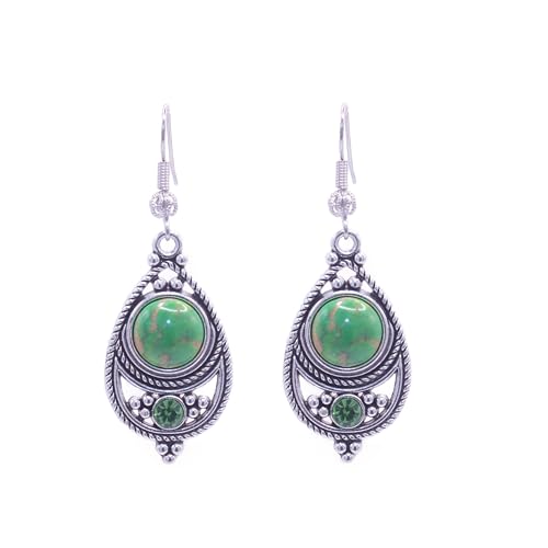 ZARZAMORA Pendientes Mujer Piedra Natural Colgantes Estilo Bohemio Vintage -Pendientes Plata Tibetana Acabado Envejecido Gancho Platino- Amuleto protector Gema Natural (Jaspe Verde)