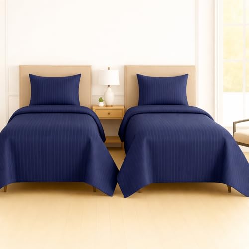 Image of DECOR2ADMIRE 300 Thread Count Premium Glace Cotton Plain Stripe Single Bedsheet with One Pillow Cover (60 inch x 90 inch) (Dark Blue, Pack of 2)