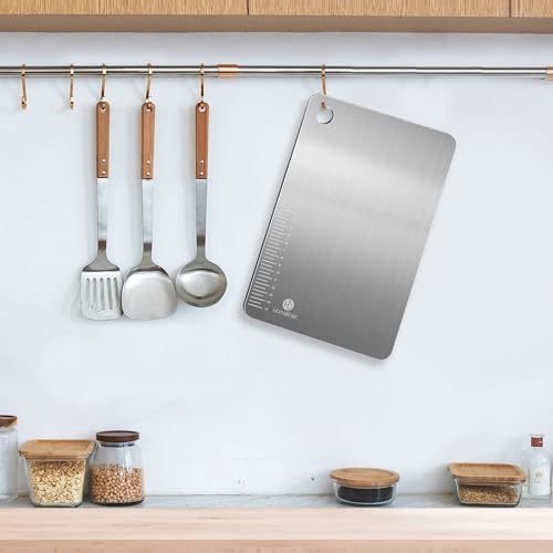 Image of HomeBasic Stainless Steel Chopping Board 36.5 x 28.5 cm | 304 Food Grade SS Cutting Board | Built-in 15 cm Ruler | Rust Resistant, Non-Porous | Vegetables, Meat, Fish & Dough | Hanging Hole