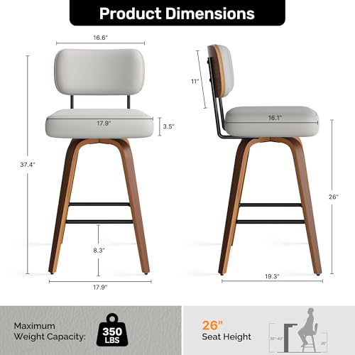 Image of Swivel Bar Stools Set of 1, 26 inch Upholstered Faux Leather Counter Height Barstools with Walnut Back & Bentwood Legs, Mid Century Modern Bar Chairs Island Stools for Kitchen Counter, Light Grey