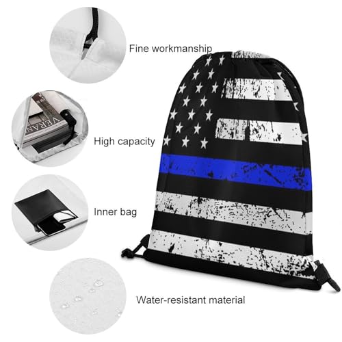 Image of Yoga Drawstring Bag Gym Sackpack String Backpack Waterproof for Sports Beach Swimming Lightweight Men Women, American Thin Blue Line Flag Day Bags