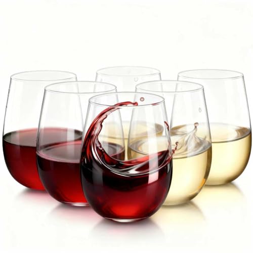 Unbreakable Reusable Tritan Wine Glasses Set of 6, 18 oz Stemless Wine Glass, BPA Free Plastic Tumblers, Drinking Glassware, Perfect for Indoor & Outdoor, Poolside, Party, Camping (Not Disposable) ﻿