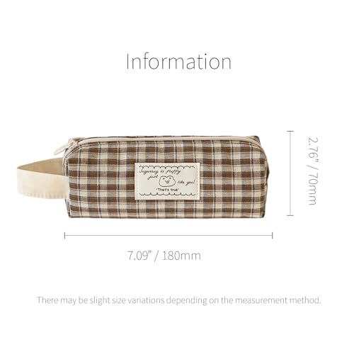 Image of Monolike Unmatched Friends Fabric Check Block Pencil Case, Vintage brown - Aesthetic Gingham Pastel Desk Organizer, Soft Padded Makeup Brush Case, Trendy Minimalist Stationery Pouch