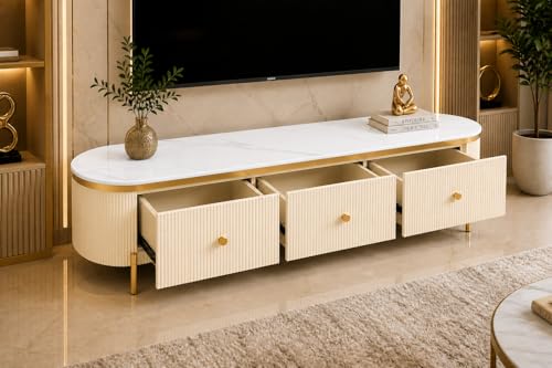 Image of Mazzo White Marble TV Unit Console | 70 inchx15 inchx18 inch | Golden Legs & Charcoal Louvers | Storage Drawers | Modern TV Stand Console Unit White Marble Top with Gold Accents, Storage (Ivory)