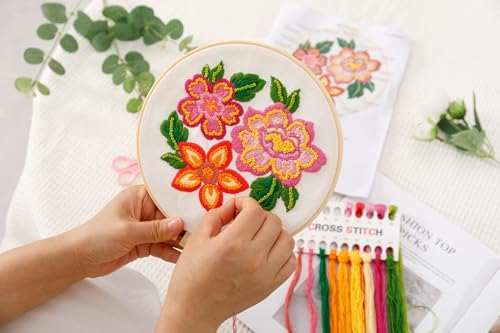 Image of Looples Embroidery Kit for Beginners and Adults with Video Tutorials - DIY Starter Kit with 3 Stamped Floral Patterns, Hoops, Threads, Needles, and Instructions (Floral)