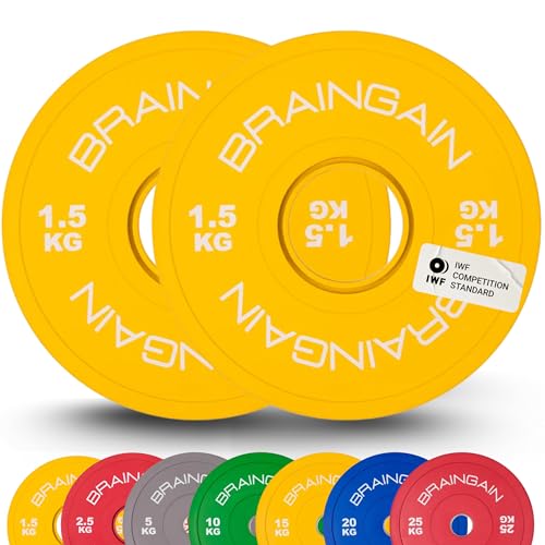 BRAINGAIN Olympic COLOURED FRACTIONAL Bumper Plates PAIR 1.5kg (2x 1.5kg), 2" Solid Rubber Weight Plates for Barbell Strength Training and Weight Lifting