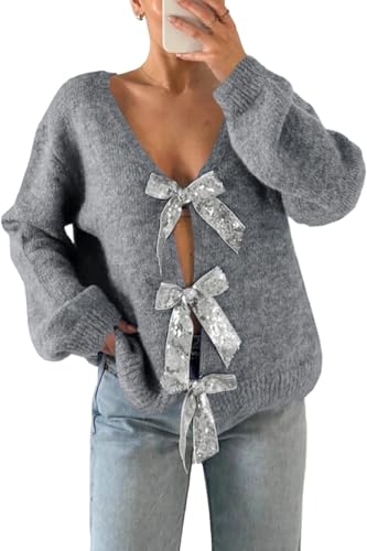 ZDC Womens Bow Sweater Cardigan Trendy Button Down Open Front Sweaters Sexy Knit Fall Coats