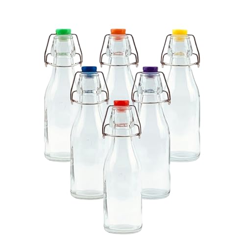 simpa Vintage Style Clear Glass Bottles with Assorted Colour Swing Top Lids. Round 250ml Bottles - Set of 6
