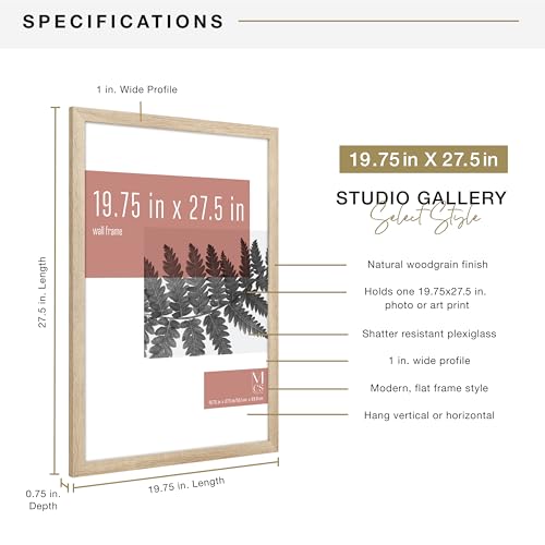 MCS Studio Gallery 19.75x27.5 Poster Frame Natural Woodgrain, Vertical & Horizontal Wall Hanging Large Picture Frame for Photos, Posters & Art Prints (1-Pack)