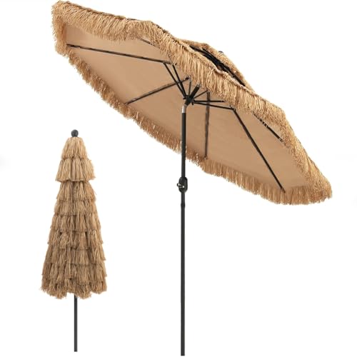 RELAX4LIFE 9FT Thatched Tiki Patio Umbrella – 2-Tier Hawaiian Hula Style Beach Umbrella w/8 Ribs, Tilt Adjustment & Crank Lift, Straw Grass Pool Umbrellas, Tropical Palapa Tiki Umbrella Outdoor Patio