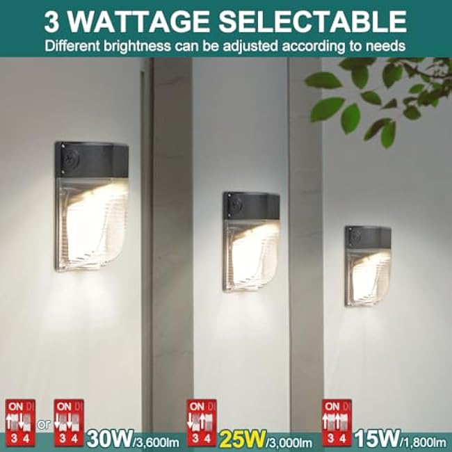 LED Wall Pack Light 30W 25W 15W Adjustable, Dusk-to-Dawn Photocell, 3000K 4000K 5000K CCT Adjustable, 3600lm 120V IP65 Waterproof Outdoor Wall Light for House, ETL Listed