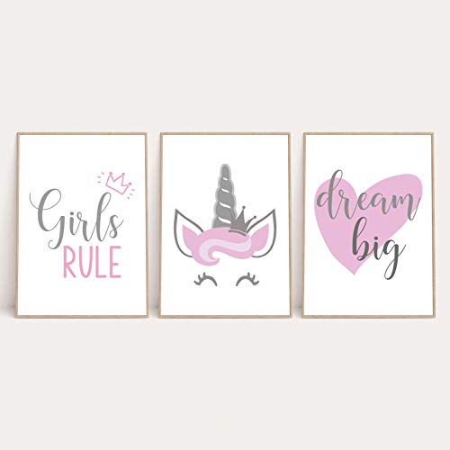 JasonCarlMorgan Winster Creations Children's Girl's Rule Unicorn Dream Big Bedroom Wall Decor Set Of 3 Prints A5 High Gloss
