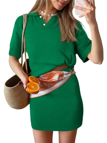 Image of Tankaneo Womens Skirt 2 Piece Sweater Sets Short Sleeve V Neck Knit Polo Shirts Mini Skirts Summer Beach Vacation Outfits