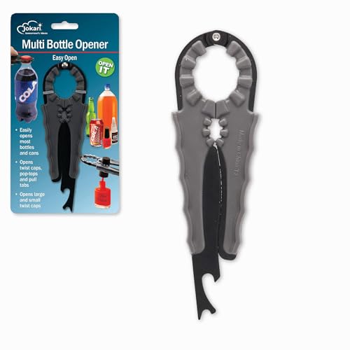 Jokari Multi Bottle Opener for Jars Bottles and Cans 3 in 1 Easy Grip Lid Opener for Weak Hands Twist Caps Pull Tabs Pop Tops and Small Lids Arthritis Aid Manual Kitchen Tool Black