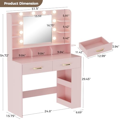Image of COMHOMA Vanity Desk with Mirror and Light, Small Makeup Vanity with Storage Drawers & Power Outlet, 3 Lighting Modes & Adjustable Brightness, Dressing Table for Women Girls Bedroom, Pink