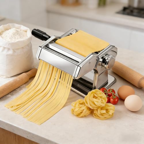 KAPEICamper Pasta Maker Stainless noodle machine 8 Adjustable Thickness Settings Roller & 2 Width Blades Dough Cutter for Spaghetti Lasagna or Ravioli Skins