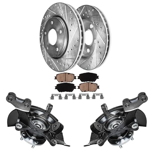 Image of Detroit Axle - Front Steering Knuckles Hubs Drilled & Slotted Brake Rotors Ceramic Pads Replacement for 2004-2006 Toyota Camry 2.4L
