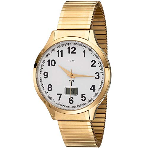Preisvergleich Produktbild JOBO Herren Armbanduhr Funk Funkuhr Edelstahl gold vergoldet Flexband Datum