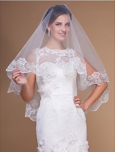 Aukmla 1 Tier Fingertip Length Bridal Wedding Veil with Lace Edge (Ivory)