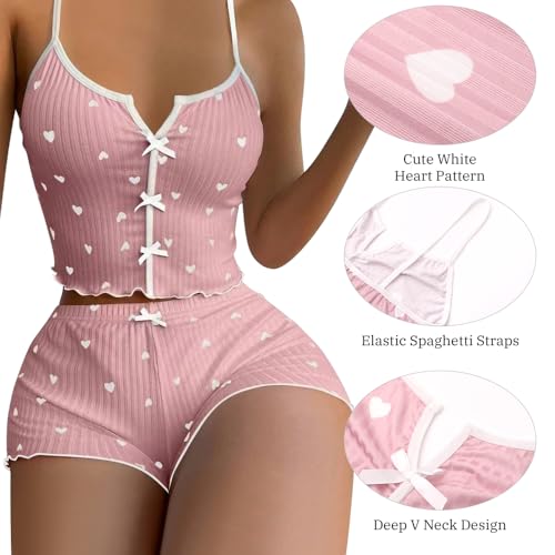 Satohom Pijama Mujer Verano de Algodón Pijama con Estampado de Amor Corto con Tirantes 2 Piezas Conjunto de Pijamas con Camiseta Sin Mangas y Pantalones Cortos Ropa para Dormir Suave S-XL