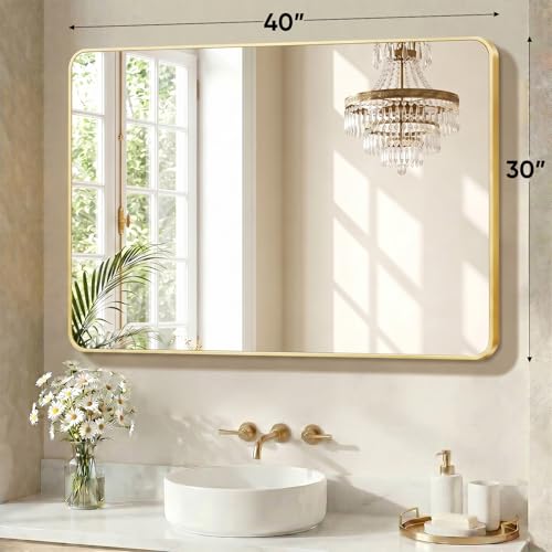 Image of Sweetcrispy Bathroom Mirror for Over Sink, 30x40 Inch Wall Mount Mirrors with a Rounded Rectangle and Matte Metal Frame, Modern Wall Vanity Mirror for Home Decor, Living Room, Bedroom, Gold