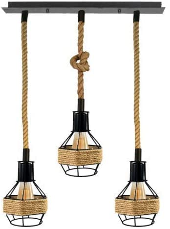 LEDSone 3 Head Vintage Pendant Light – E27 Hemp Rope Ceiling Light Fitting with Metal Cage | 1m Twisted Cable | Kitchen, Dining Room, Bar, Café
