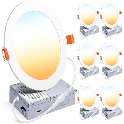 ROMECH 6 Pack 6 Inch Dimmable LED Recessed Ceiling Light with Junction Box, 2700K/3000K/3500K/4000K/5000K Selectable, 12W 1050LM Brightness, Ultra-Thin Canless Wafer Downlight, ETL&FCC Cover