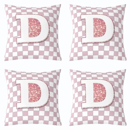 Image of Erosebridal Pink Initial D Throw Pillow Covers 18x18 Set of 2 Kawaii Plaid Checkered Pillow Covers Cute Personalized Monogram Cushion Cover Fashion Grids Gingham Pillow Cases for Couch Sofa