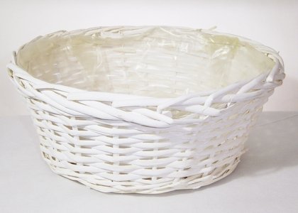 Descrizione: Cesto tondo bianco d. 30 alto contenitore in vimini cesteria per decorazioni e arredo, rivestito internamente in cellophane trasparente.