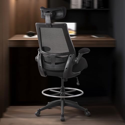 Image of BOLISS Big and Tall Drafting Chair 400lbs - High Back Ergonomic Office Chair for Standing Desk with Double Thick Seat Cushion, Adjustable Foot Ring, Lumbar Support & Flip Up Armrests (Black)
