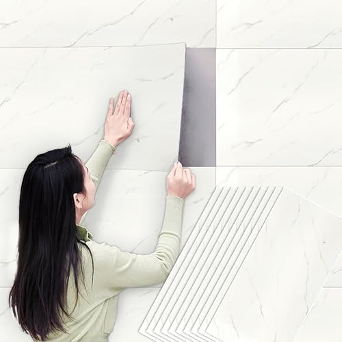 Tarwanear 10 Stück Fliesenaufkleber Küche Klebefliesen Bad Marmor 60x30cm Weiß Küchenrückwand Selbstklebend,Selbstklebende Fliesen Wandpaneele für Badezimmer Schlafzimmer Wohnzimmer